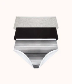 The Cotton Brief Bundle: Heather Gray/Jet Black/Black/White Mini Stripe