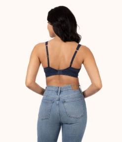 The Crochet Lace Plunge Bralette: Navy -Cheap Lingerie Store 3 on model back crochet lace plunge bralette navy