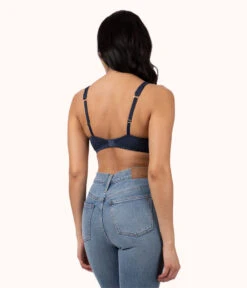 The Crochet Lace Unlined Plunge Bra: Navy -Cheap Lingerie Store 3 on model back crochet lace unlined plunge bra navy
