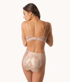 The Mesh High Waist Bikini Bundle - Print: Burnished Mahogany/Orchid Metallic Palm Print -Cheap Lingerie Store 3 on model back metallic palm mesh undie bundle orchid foil