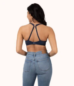 The Crochet Lace Unlined Plunge Bra: Navy -Cheap Lingerie Store 4 on model back1 crochet lace unlined plunge bra navy