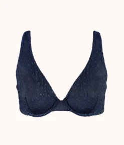 The Crochet Lace Unlined Plunge Bra: Navy -Cheap Lingerie Store 5 product flat front crochet lace unlined plunge bra navy