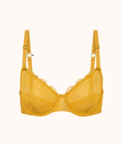 The Unlined Lace Bra: Turmeric -Cheap Lingerie Store 5 product flat front unlined lace bra turmeric